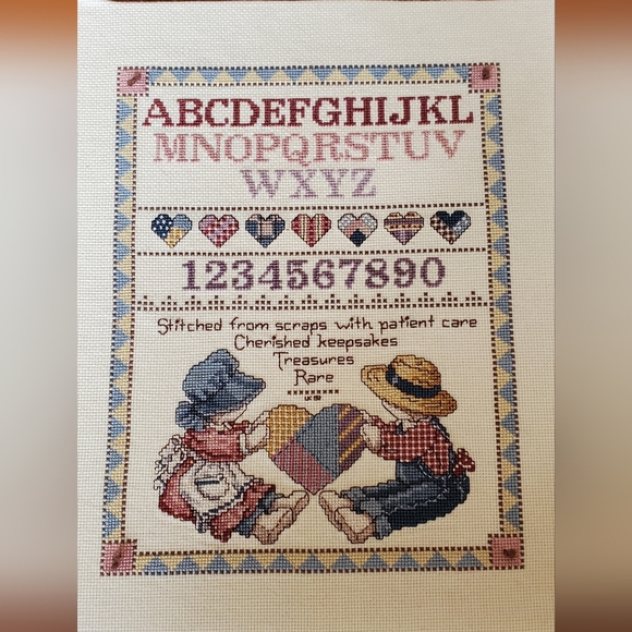 VTG 80s Cross Stitch Country Sampler Completed Alphabet Numbers Heart embroidery - Picture 2 of 5